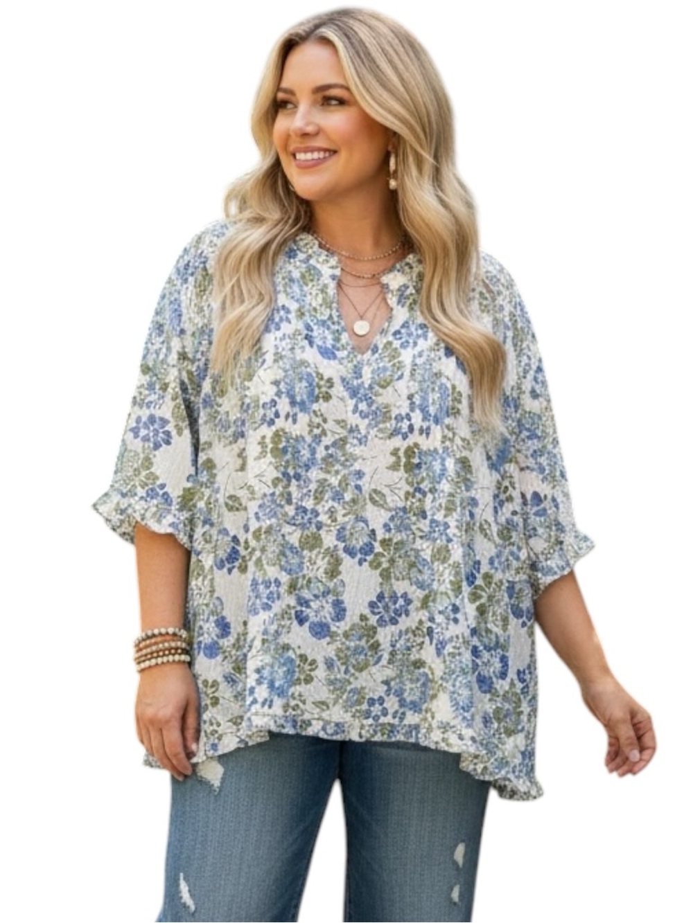 NWT Rose & Olive Blue and Green Floral V-Neck Blouse Size 3X